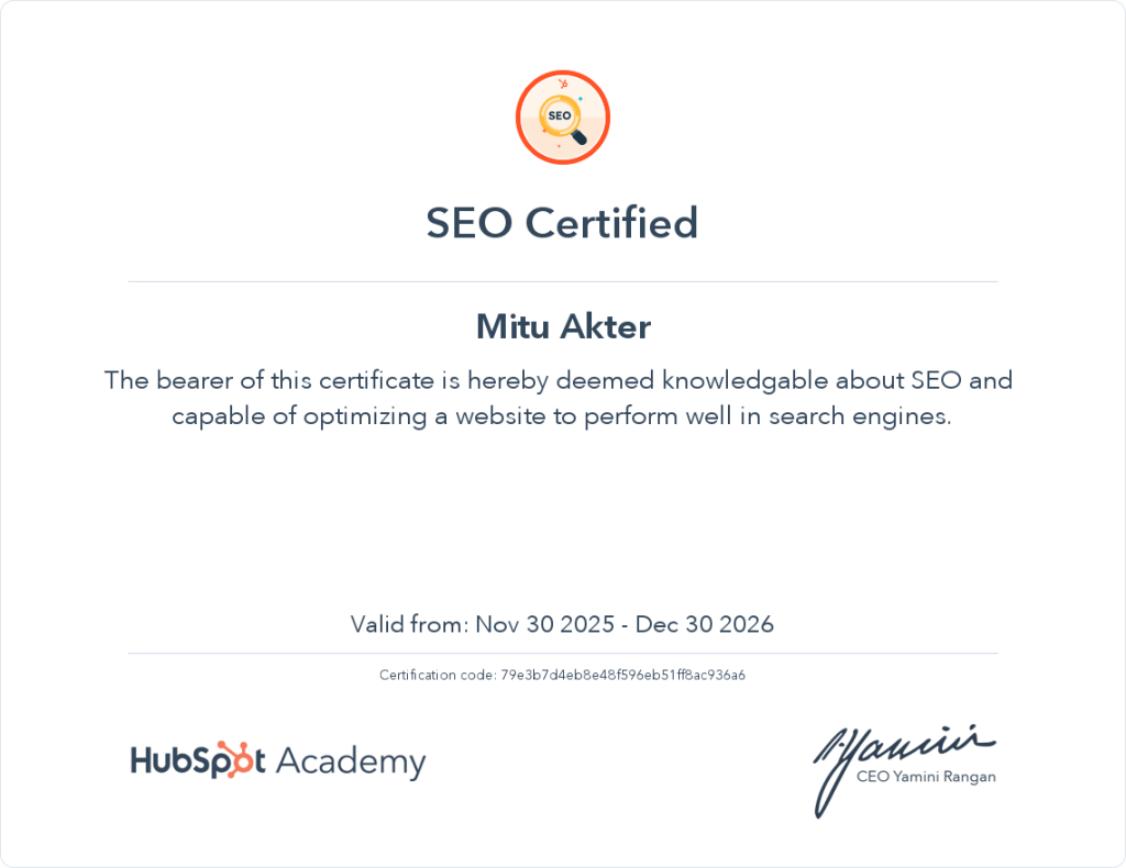 Hubspot seo certificate - Meet the Best Female SEO Consultant "Mitu Akter"